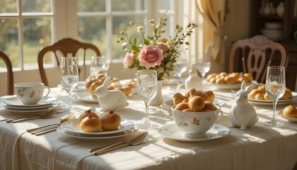 Fototapeta premium A sunlit Easter brunch table adorned with delicate porcelain bunnies, warm-toned pastries, and a charming floral centerpiece, bathed in soft golden light.