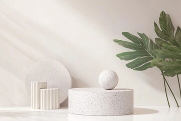 Minimalist, light-filled presentation platform with terrazzo elements and tropical foliage