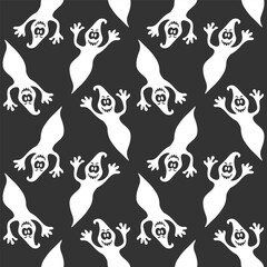 Seamless pattern featuring playful ghost figures on a black background, perfect for Halloween decorations and festive events