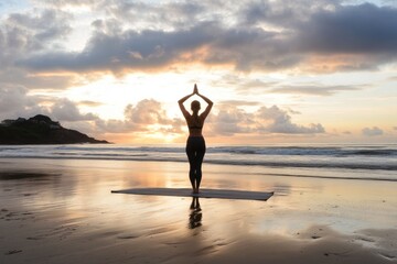 Silhouette practicing yoga on beach at sunset, waves gently lapp