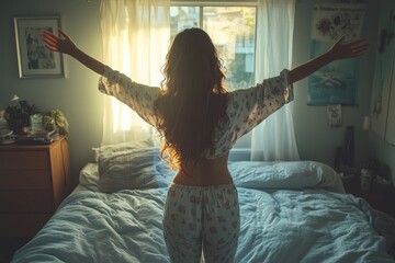 Sunlight pours through curtains as woman embraces morning in coz
