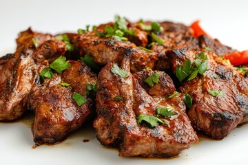 Delicious Grilled Meat Garnished With Fresh Chopped Green Herbs