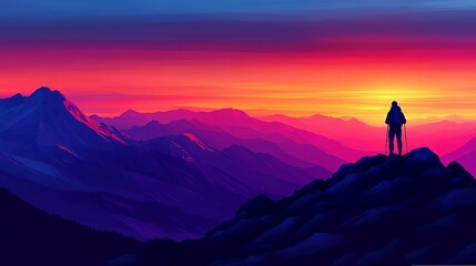Man Standing on Mountain Peak at Dusk with Vibrant Sunset Casting Warm Glow over Serene Landscape