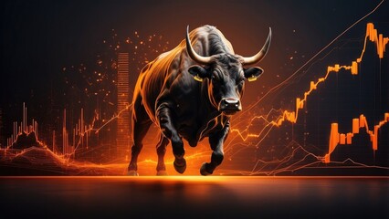 A powerful bull with large horns is depicted mid-leap against a backdrop featuring a glowing orange upward-trending line and abstract financial charts.