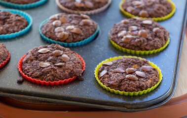  chocolate banana muffins on light background