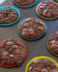  chocolate banana muffins on light background