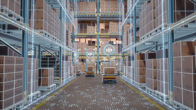 Warehouse Digitization and Digital Automation: AGV robots transporting cardboard boxes in logistics center. Graphic effects visualize optimized warehouse management. 3d rendering animation.