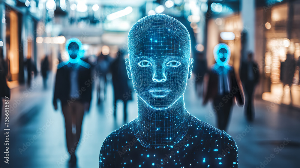 Poster advanced facial recognition technology for digital identification and security in urban environments