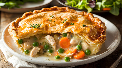 Perfectly Baked Golden Brown Chicken Pot Pie with Vegetables on Rustic Wooden Table