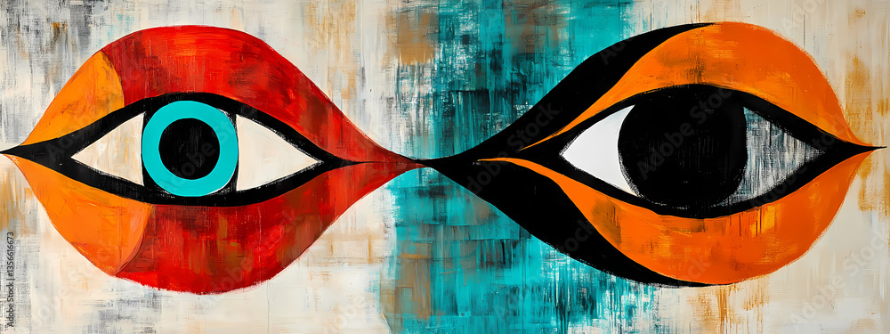 Poster dual gaze: an artistic representation of two eyes merging as one, their vibrant colors and abstract 