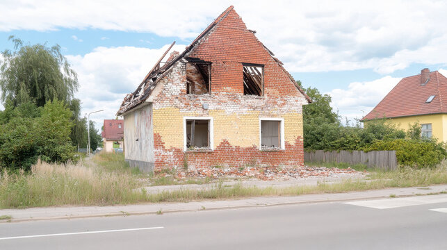 Abandoned damaged house with broken roof in a rural neighborhood setting
