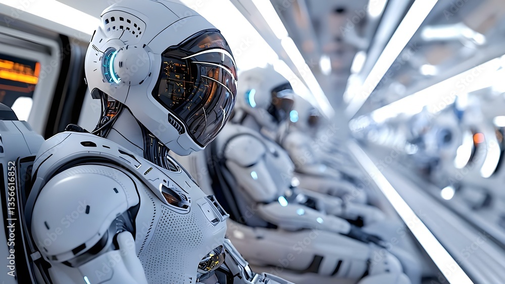 Aufkleber a futuristic setting featuring humanoid robots seated in a sleek, high-tech environment, suggesting 