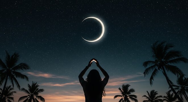 Silhouetted figure with hands raised, crescent moon, and starry night sky