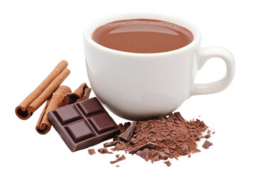 Cup of hot chocolate with cinnamon sticks and dark chocolate pieces, cut out