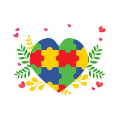 Autism Awareness Heart With Puzzle Floral Leaves And Scattered Hearts
