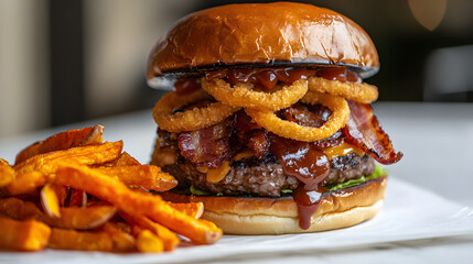 Hyper Realistic Western BBQ Bacon Burger with Onion Rings and Sweet Potato Fries on a Clean Table Surface