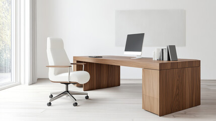 Modern executive office with wooden desk and elegant white office chair