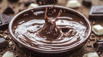 Captivating chocolate splash in a rustic bowl surrounded by dark and white chocolate pieces on wooden background, close up shot, delicious dessert
