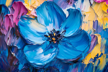 Vibrant Floral Abstract: A close-up of a bright blue flower blooms, its petals layered with textured strokes, painted with striking vividness. 
