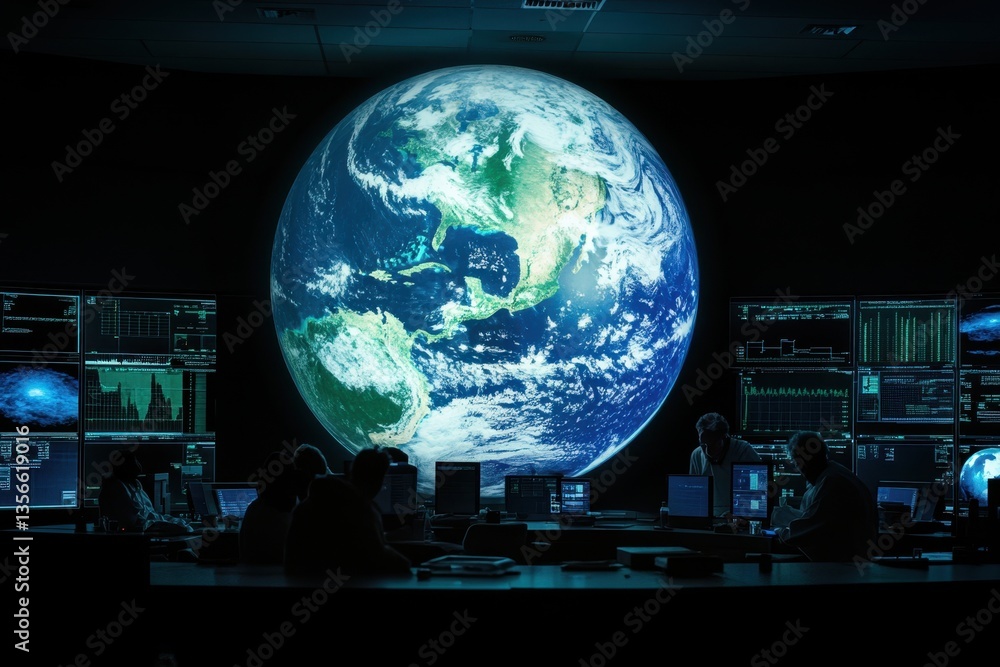 Poster scientists monitor earth data in a high-tech control room with digital displays