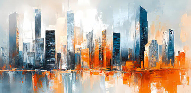 Urban Skyline: An artistic representation of a modern cityscape with towering skyscrapers, reflecting in the serene water below, exuding a sense of dynamism and urban sophistication.