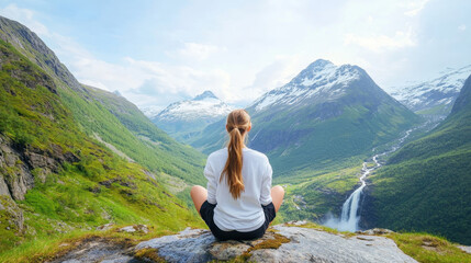 Fototapeta premium Woman sitting on mountain overlooking a valley waterfall and snow-capped peaks