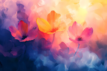 Colorful Blooms in Dreamscape: Three vibrant flowers, bathed in the soft hues of a dreamscape, emerge from a sea of colors. A painterly and artistic image.