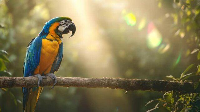 A vibrant parrot perched on a branch in a sunlit forest, captured from a side angle, creating a serene and natural video scene. Live desktop wallpaper.