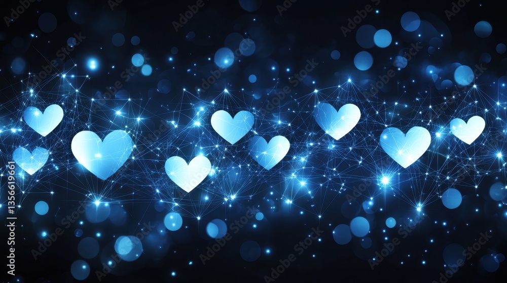 Poster luminous hearts floating in a digital network of connections creating a romantic and futuristic visu