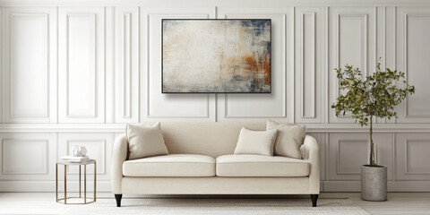 a simple, clean sitting room with a beige loveseat, white paneled walls, and a subtle abstract painting for a focal point