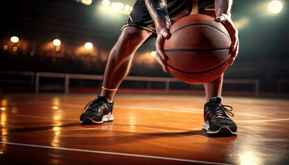 Basketball player holding ball, starting a match in a stadium