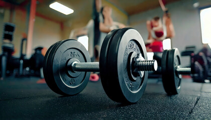 Fototapeta premium Close up of dumbbell on floor in gym with athletes training
