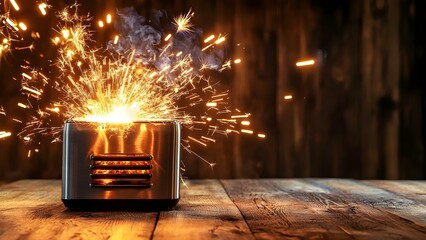 A toaster emitting sparks and smoke, likely due to an electrical malfunction, set against a wooden background. Concept Electrical Malfunction, Kitchen Safety, Fire Hazard, Appliance Troubleshooting