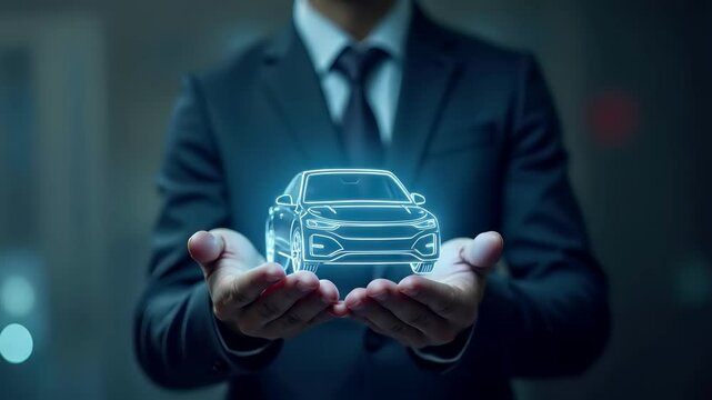 Businessman in suit holds digital hologram car between hands. Futuristic automotive technology concept with virtual vehicle projection. Corporate professional offers innovative transportation