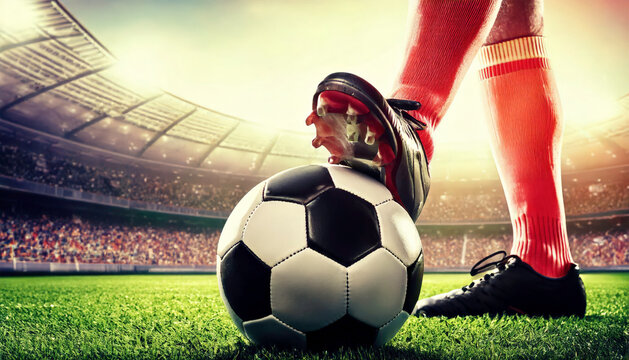 Soccer player placing his foot on the ball in a big stadium