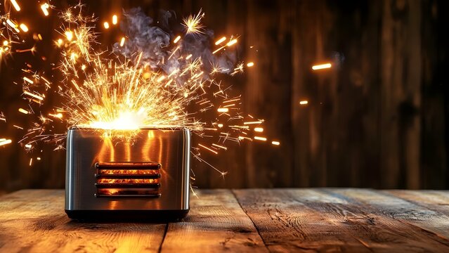A toaster emitting sparks and smoke, likely due to an electrical malfunction, set against a wooden background. Concept Electrical Malfunction, Kitchen Safety, Fire Hazard, Appliance Troubleshooting