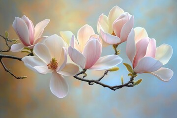 Fototapeta premium Soft, delicate pastel flowers bloom gracefully on the branches of a tree.