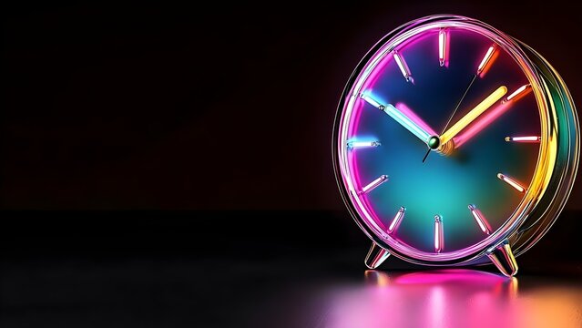 A neon-style clock with vibrant colors against a dark background, showcasing glowing hour and minute hands. Concept Neon Clock Design, Vibrant Color Palette, Dark Background Contrast, Glowing Hands