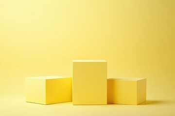 Fototapeta premium Three yellow cubic display stands on a pastel yellow background