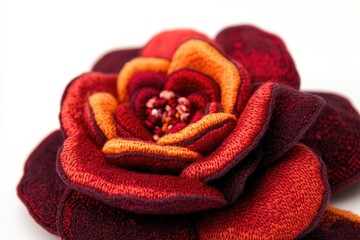 Intricate embroidered rose crafted from rich, textured fabric in fiery red and orange hues.