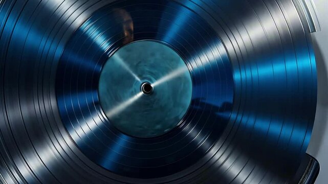 Shiny blue vinyl record spinning on turntable in dramatic lighting. Concept of retro music culture and analog sound