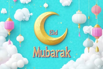 Naklejka premium Eid mubarak celebration with golden moon lanterns and fluffy clouds on a turquoise background