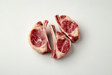 Obraz premium Several raw lamb chops arranged on a clean white surface perfectly