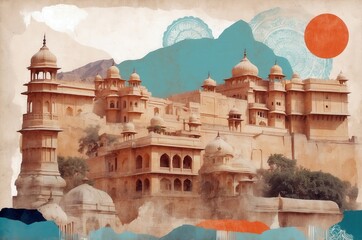 Fototapeta premium Historic palace complex in Rajasthan India showcases intricate architecture and vibrant colors under a bright sun