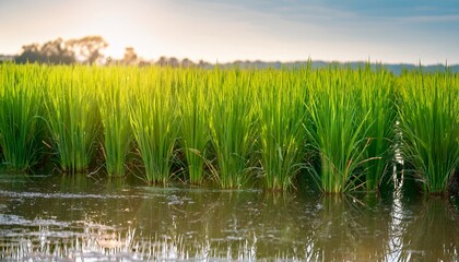Obraz premium Close-up of a rice field with rows of green rice plants