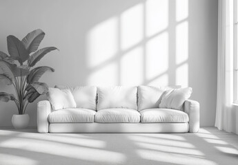 a bright open living room with a clean white sofa, a light gray carpet, and a single plant in the corner adding vibrancy