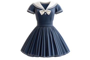 A Charming Nautical-inspired Swing Dress, Perfect For A Summer Seaside Stroll Or A Vintage-themed Party, Showcasing A Deep Navy Blue Hue And Crisp White Sailor Collar Details Isolated on Transparent B