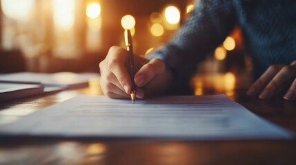 Close-up of a contract being signed for a startup business loan, with financial documents spread on a wooden desk. Concept of entrepreneurship, finance, and investment.