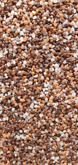 Close-up of the texture of natural salt granules and stones harmoniously combined in brown and white tones. This texture is perfect for designs related to nature, health, spa, cooking