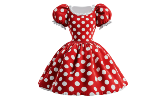 A Charming Red Polka Dot Dress, Perfect For A Playful Tea Party Or A Whimsical Birthday Celebration, Features Puffy Sleeves And A Delicate Lace Trim Isolated on Transparent Background